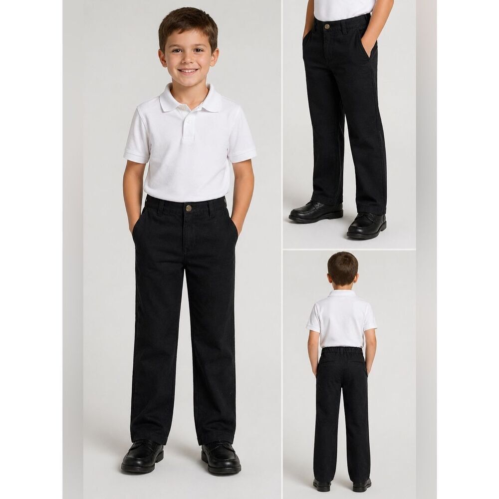 Chaps Boys Black School Uniform Pants Size 6 Reg Adjustable Waist Straight Leg